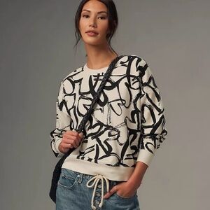 Anthropologie Maeve Heart Printed Sweater, Black and White, Size Large